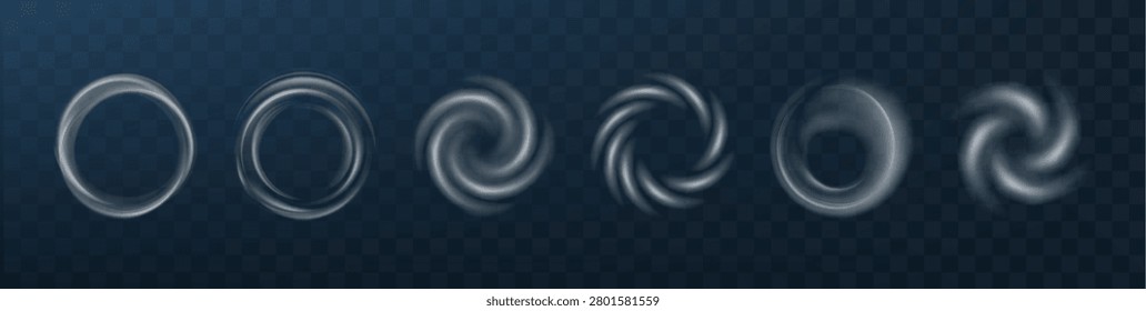 Round air flow vortex with smooth spiral wind motion and glowing light effect. Fresh circular breeze element isolated on dark background