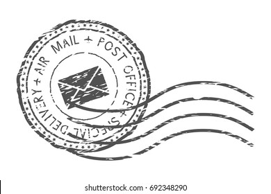 Round Air Mail Black Postmark With Envelope Sign. Vector Illustration Isolated On White Background