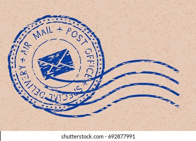 Round Air Mail Blue Postmark With Envelope Sign. Vector Illustration On Beige Background