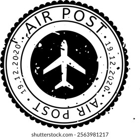 Round air post stamp featuring an airplane silhouette at the center and the date 19122020, evoking a sense of travel and delivery by airmail