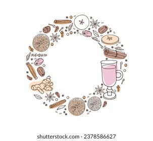Round Alcoholic drinking frame. Traditional Christmas drink. Mulled wine ingredient set. Doodle Outline vector illustration. Hot winter drink recipe. Organic product sketch. Flavor cooking ingredient.