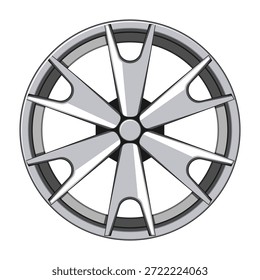 Ilustração de roda de liga redonda com vários raios, projetado como um componente automotivo elegante para carros, simbolizando transporte, engenharia e serviço de veículo