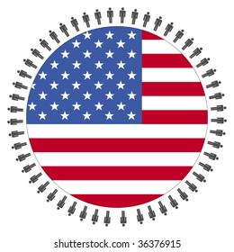 Round American flag with circle of people illustration