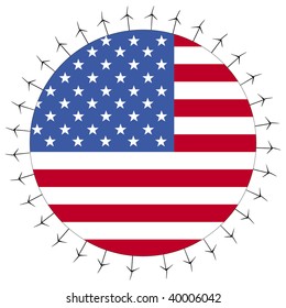 Runde amerikanische Flagge mit Kreis von Windturbinen, Illustration
