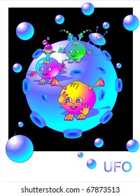 Round amusing aliens investigate the new world. Vector illustration.