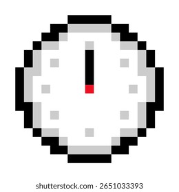 Round analog clock showing midnight pixel art isolated on white background