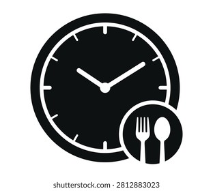 Round analog wall clock dial paired with a dinner plate fork and spoon cutlery icon. Restaurant opening hours, lunch time break schedule symbol.