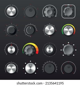 Round analogue knobs for volume or level adjustment realistic set on black background vector illustration