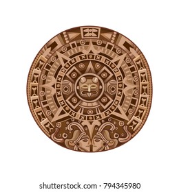 Round ancient mayan calendar colored isolated decorative element on white background cartoon vector illustration 