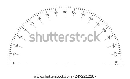 Round Angle Meter Scale Isolated on White Background. Measuring Half Circle Scale in Flat Style. 180 Degrees Circular Ruler Template. Protractor Grid. Vector Illustration.