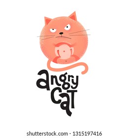 A round angry red cat is lying on its back with its paw crossed. Unique flat textured illustration in cartoon style with lettering qoute for social media, poster,greeting card, banner, textile, mug