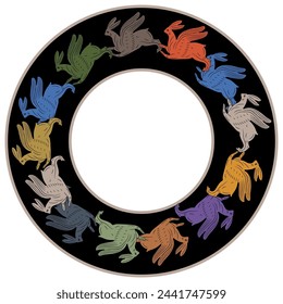 Round animal border or circular frame with flying or running winged gates or rabbits. Merry Easter design.