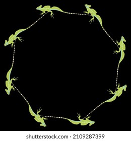 Round animal border with common basilisk lizards. (Basiliscus Basiliscus). On black background. 