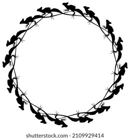 Round animal border with common basilisk lizards. (Basiliscus Basiliscus). Black silhouette on white background.