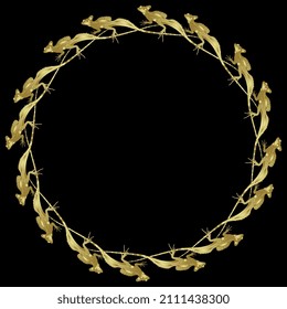Round animal border with common basilisk lizards. (Basiliscus Basiliscus). Golden glossy silhouette on black background.