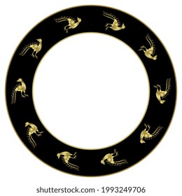 Round animal border ornament. Circular frame with stylized birds. Golden glossy silhouettes on black background.