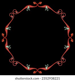 Round animal border with red medieval dragons on black background. Illuminated manuscript style.
