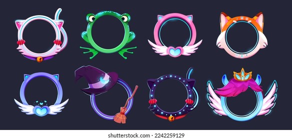 Round animal character game avatars design. Set of cute borders with fantasy cat tail, fox ears, frog eyes, magic pony crown, angel wings, witch hat and broomstick decor. Cartoon vector illustration