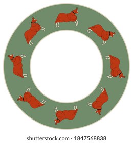 Round animal decoration, frame pattern with running medieval horses.