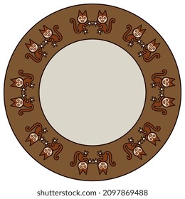 Round animal design or frame with fantastic funny animals. Cats or squirrels. Paracas textile motif. Native American ethnic art of ancient Peru.