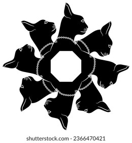 Round animal design with heads of ancient Egyptian cat goddess Bastet. Black and white silhouette.