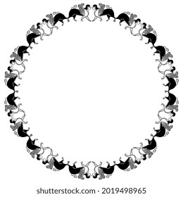 Round animal frame with antique sphinxes. Ancient Greek mythology. Fantastic winged female lion. Black and white silhouette.