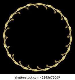 Round animal frame or border with fantastic medieval winged dragons. Golden glossy silhouette on black background.