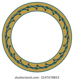 Round animal frame or border with fantastic medieval blue dragons in a ring. On yellow gold background.