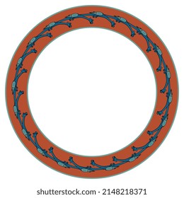 Round animal frame or border with fantastic medieval blue dragons in a ring. On red background.