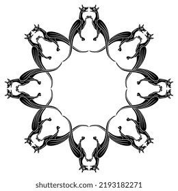Round animal frame with fantastic medieval dragons. Illuminated manuscript style. Black and white silhouette.