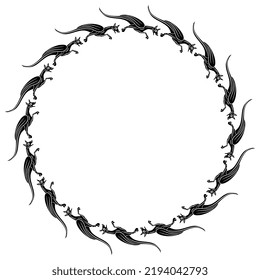 Round Animal Frame With Fantastic Medieval Dragons. Illuminated Manuscript Style. Circular Border. Black And White Silhouette.