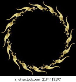 Round animal frame with fantastic medieval dragons. Golden glossy silhouettes with white pearl eyes on black background.