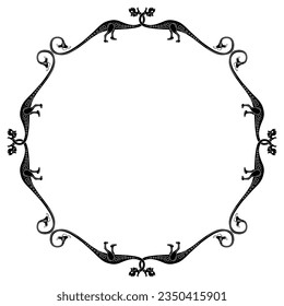 Round animal frame with fantastic medieval dragons. Illuminated manuscript animal motif. Black and white silhouette.