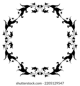 Round animal frame with fantastic winged dragons and floral motifs. Medieval illuminated manuscript style. Black silhouette on white background.