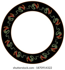 Round animal frame with medieval dragons. Russian folk style.
