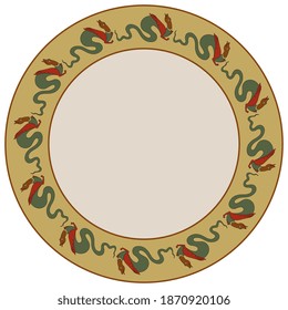 Round animal frame with medieval dragons. Russian folk style.