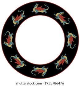 Round animal frame, ornament or texture with medieval dragons.