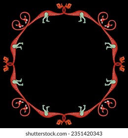 Round animal frame with red medieval dragons on black background. Illuminated manuscript style.	