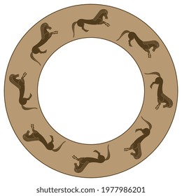 Round animal frame with running horses. Ethnic folk style. Ancient Greek vase painting motif. Monochrome brown silhouettes.