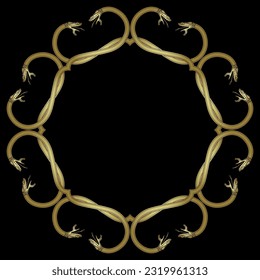 Round animal frame with snakes. Ancient Greek antique style. Golden glossy silhouette on black background.