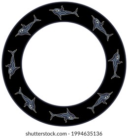 Round animal frame with stylized dolphins or fish. Ancient Greek motif from Cyclades.
