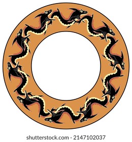 Round animal frame with stylized fish. Ancient Greek vase painting style.