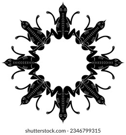 Round animal frame with stylized funny frogs or toads. Russian medieval design. Black and white silhouette.