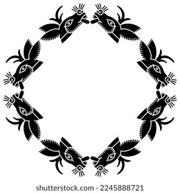 Round animal frame with stylized heads of deer or hare. Ethnic native American design of Aztec Indians from Mexican codex. Black and white silhouette.