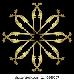 Round animal mandala with fantastic medieval dragons. Gothic illuminated manuscript style. Golden glossy silhouette on black background.