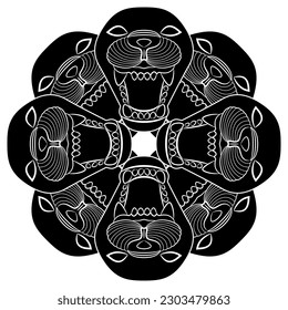 Round animal mandala with heads of grinning lions with open mouths. Feline masks. Ancient Assyrian design. Black and white negative silhouette.