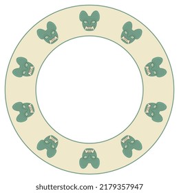 Round animal ornament or frame with green jaguar heads. Mask of totem cat with fangs. Moche art from ancient Peru. Native American art of Peruvian Indians. On white background.