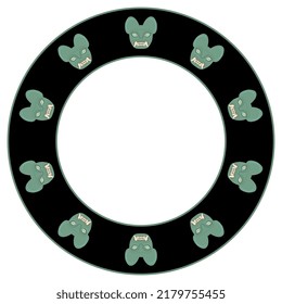 Round animal ornament or frame with green jaguar heads. Mask of totem cat with fangs. Moche art from ancient Peru. Native American art of Peruvian Indians. On black background.