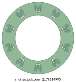 Round animal ornament or frame with jaguar heads. Mask of totem cat with fangs. Moche art from ancient Peru. Native American art of Peruvian Indians. On green background.