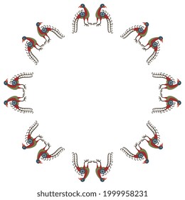 Round animal ornament or frame with stylized funny birds. Folk style.